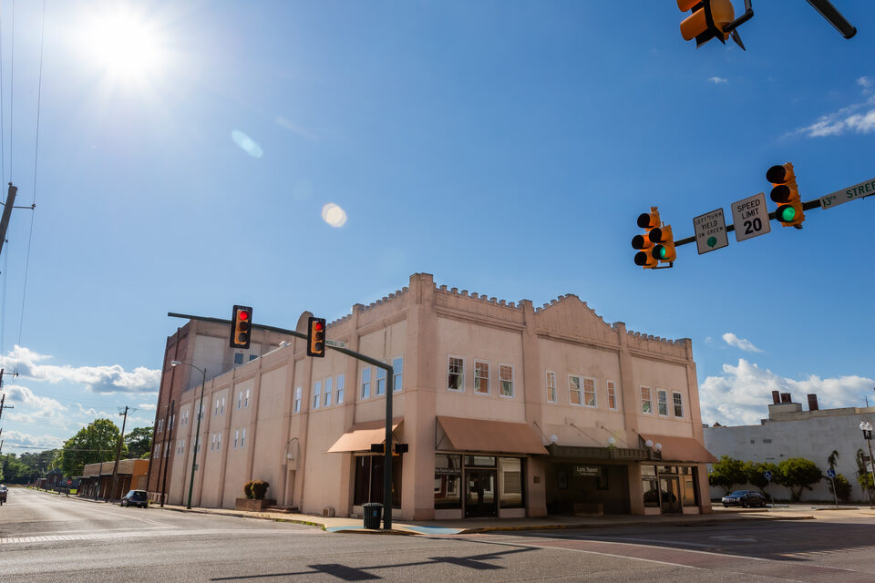 Street-corner view of Lyric Square on Noble Street in downtown Anniston, Alabama