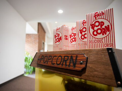 A vintage popcorn sign preserved at Lyric Square